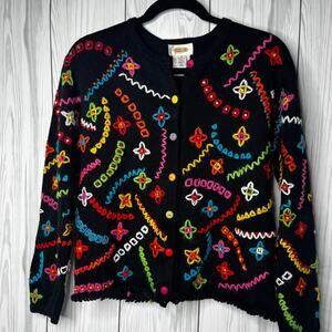 Vintage 90s Talbots Embroidered ZigZag Retro Funky Multicolor Cardigan Small